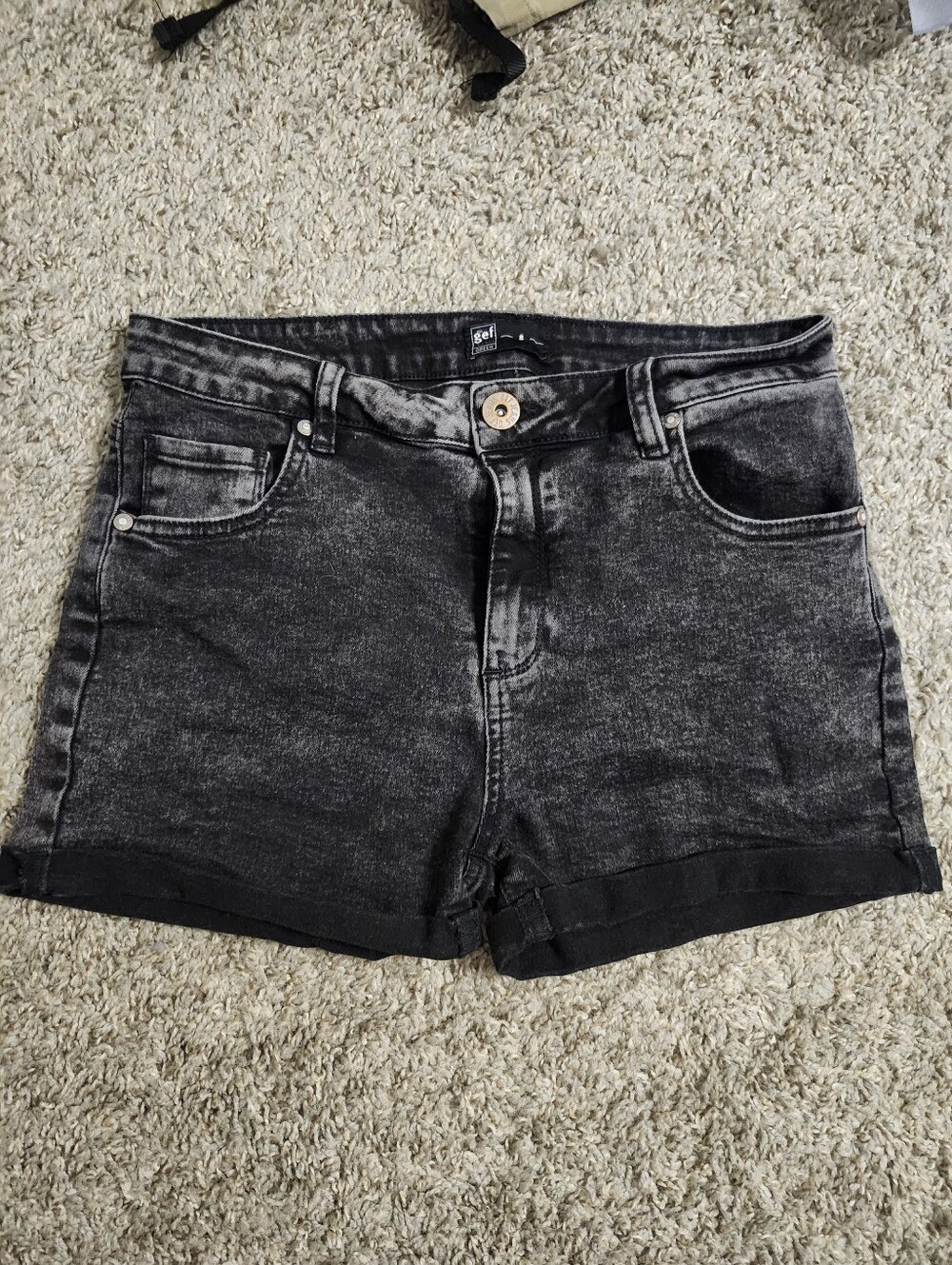 Black Acid-Wash Denim Shorts with Cuffed Hem